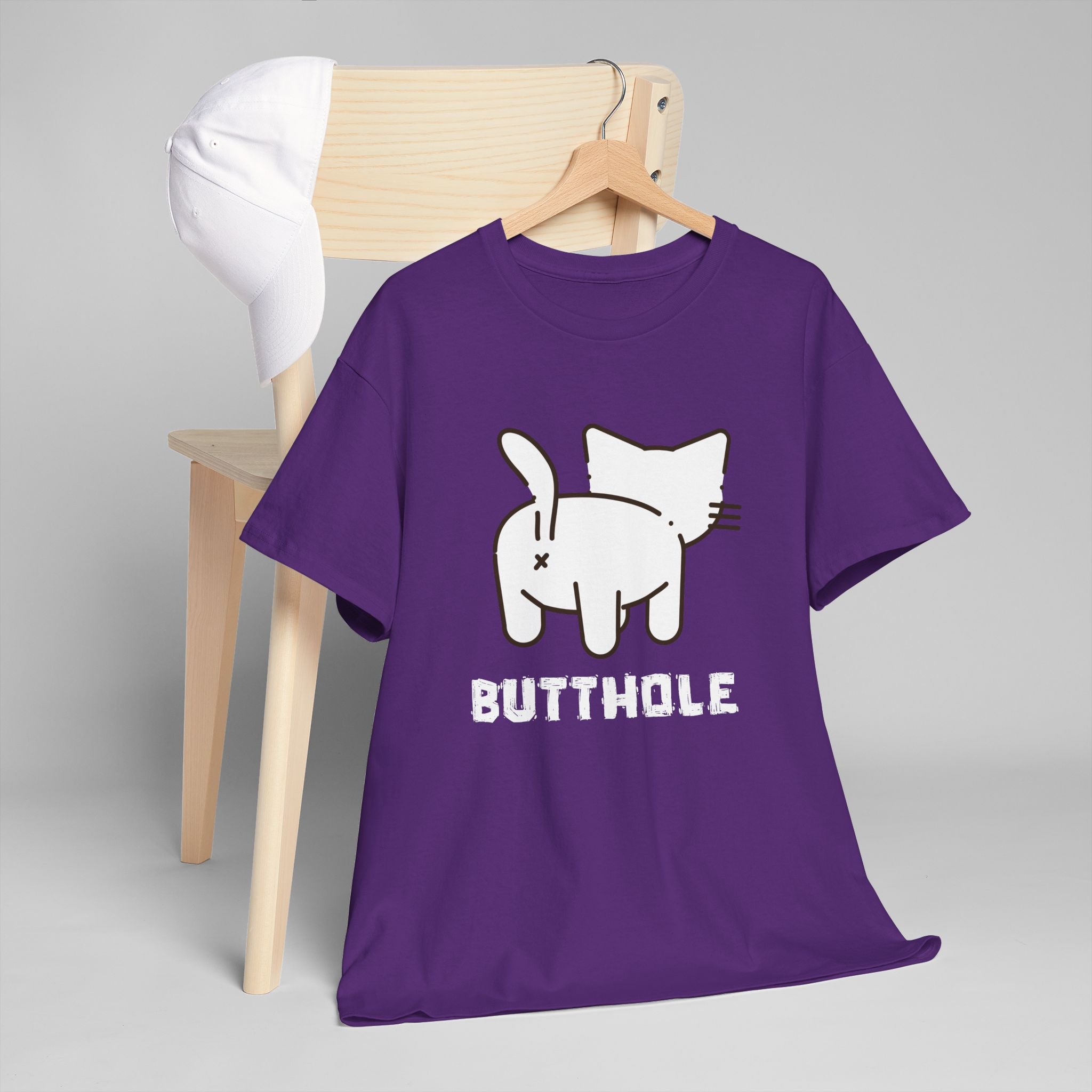 Purple t-shirt with rude cartoon of cat's backside, bold butthole humor design