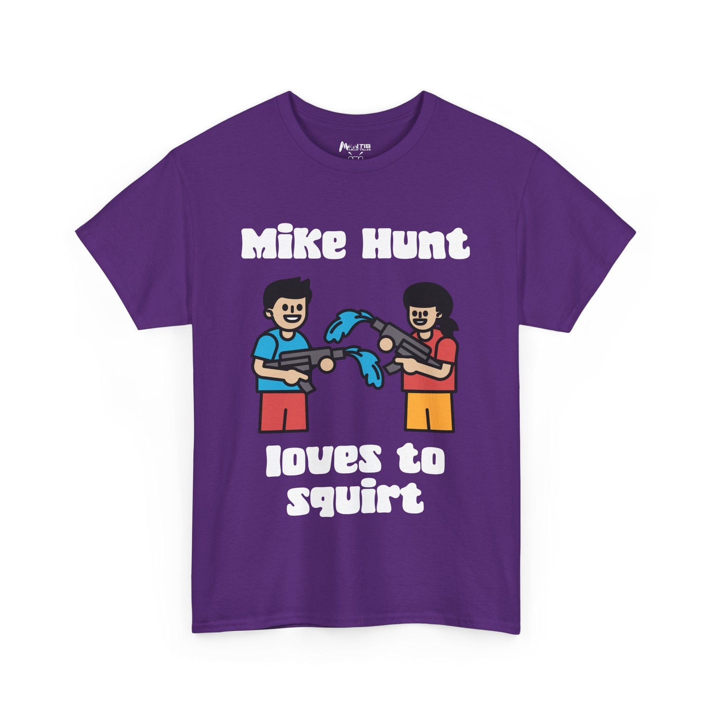 Purple tee disguising water pistols and double meanings with precision