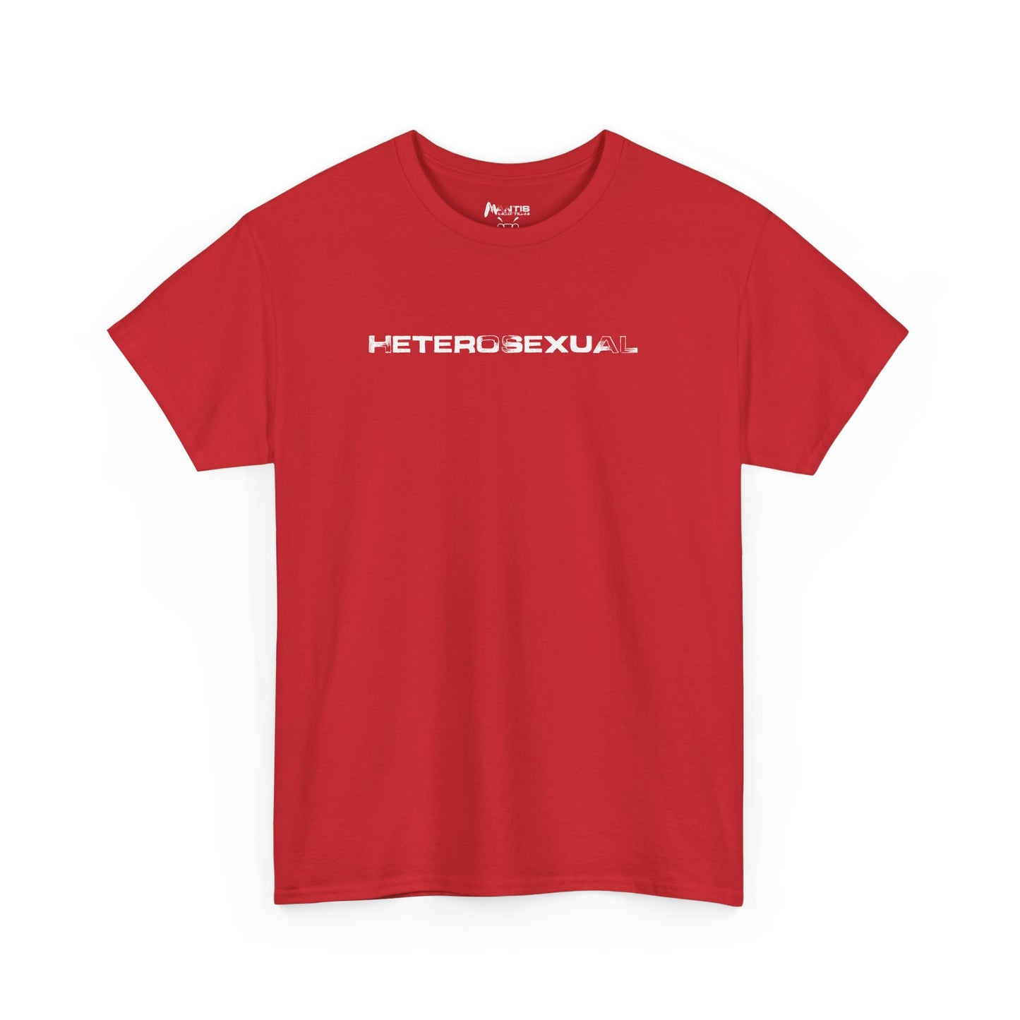 Red shirt with strong HETEROSEXUAL statement, edgy pride humor apparel