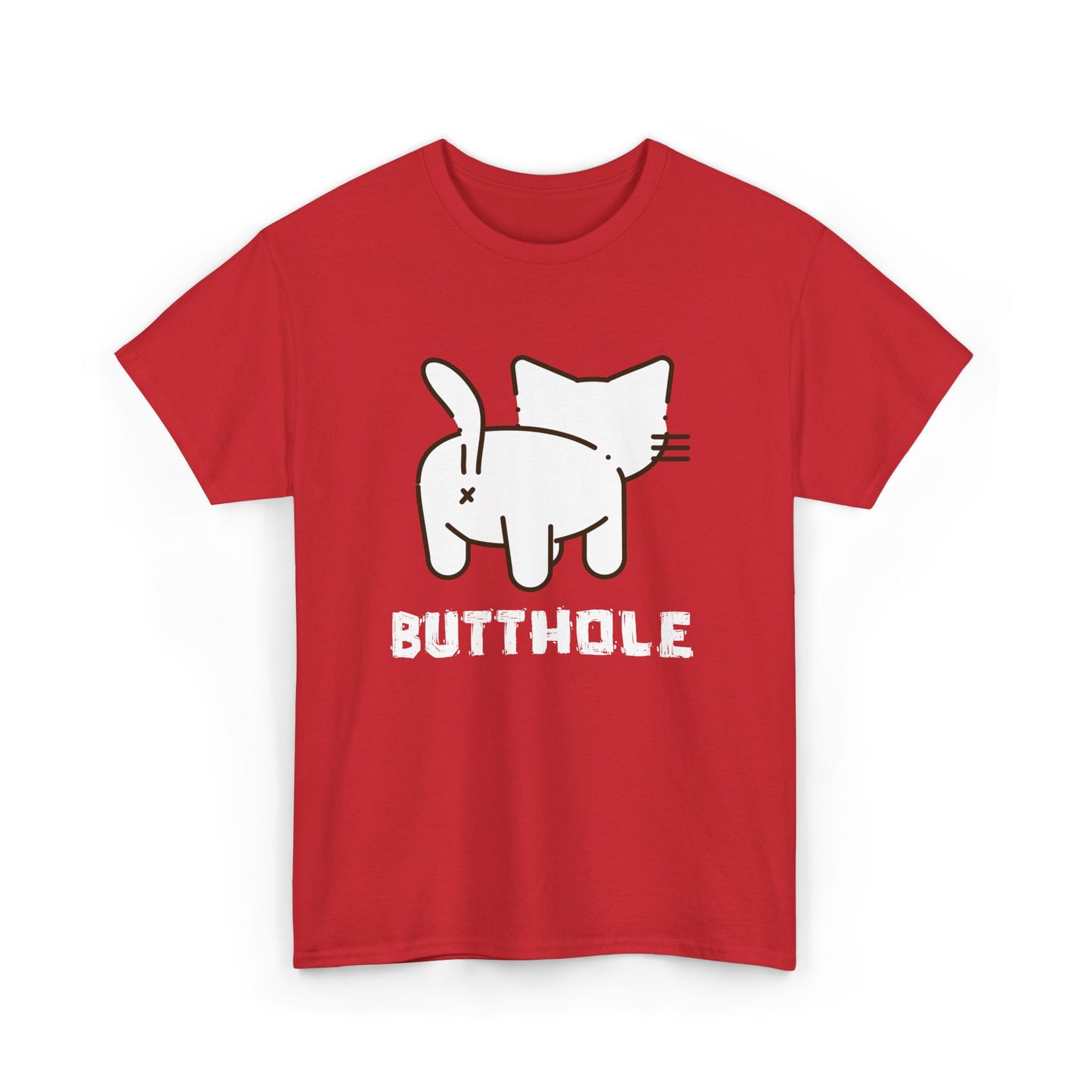 Red t-shirt featuring inappropriate cat butt graphic on front