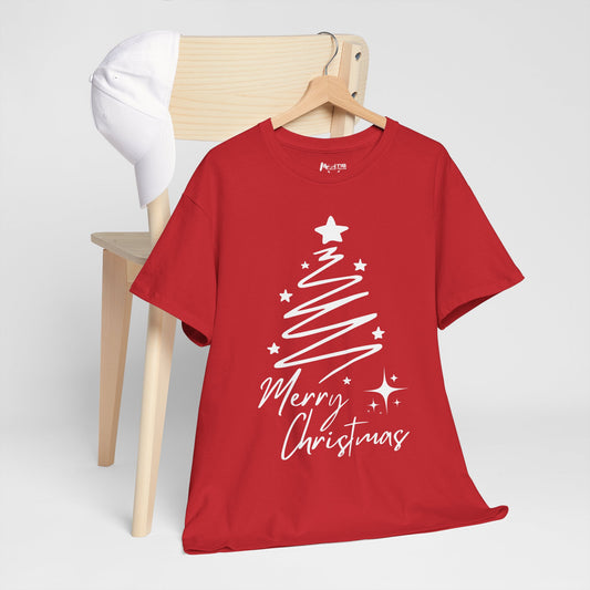 Christmas T-shirt featuring a single-line ornate Christmas tree with a star and festive “Merry Christmas” message