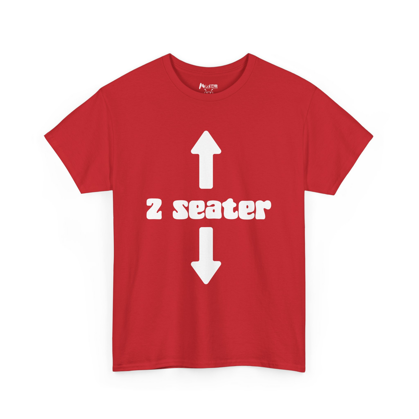 red shirt with 2 seater design blunt and bold sexual innuendo